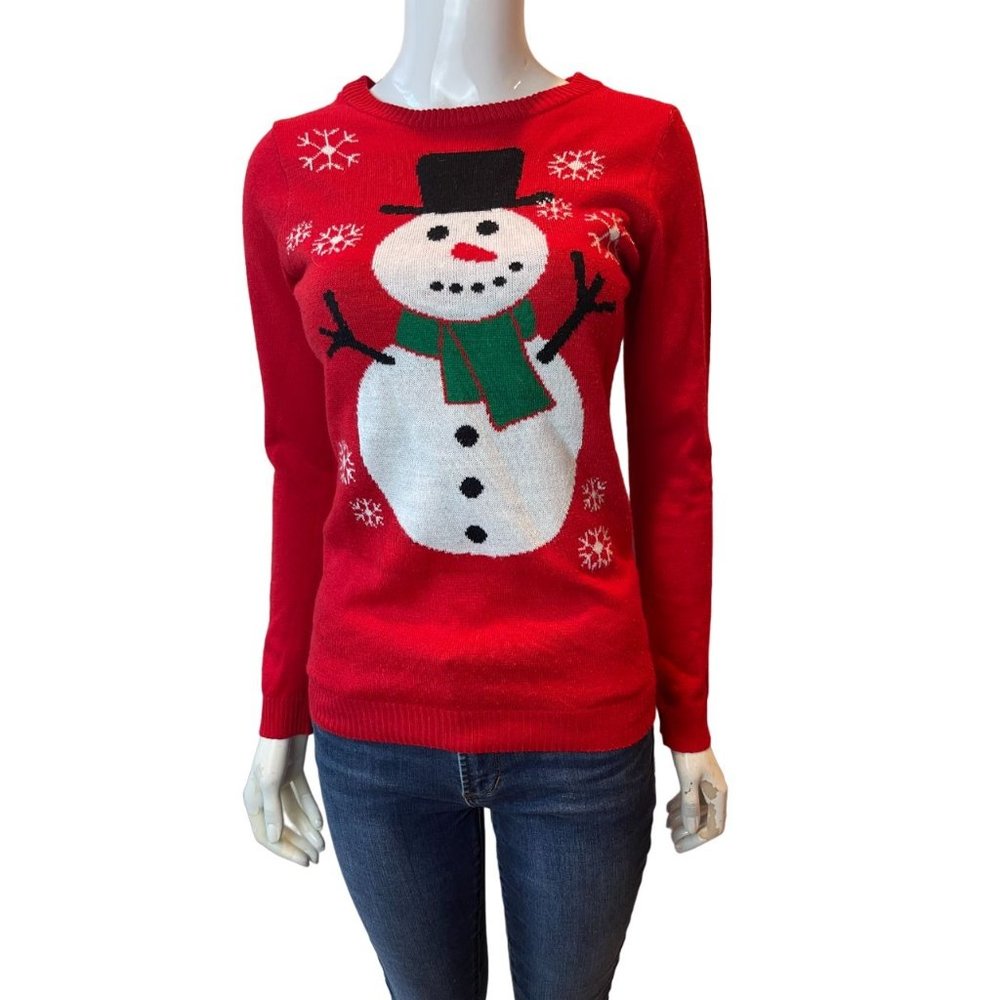 RUE 21 Womens Pullover Sweater Snowman Long Sleeve Crew Neck Red Size Small